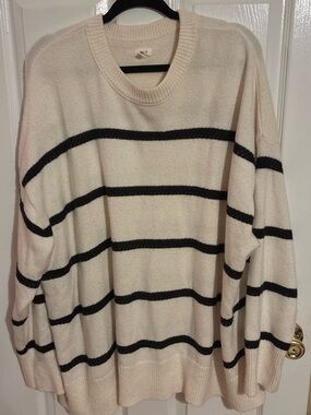 Aerie Oversized Baggy Chic Cream and Black Striped Crewneck Sweater